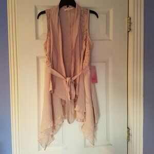 Onetheland Pastel Pink Floral Embroidered Tie Front Drapey Vest